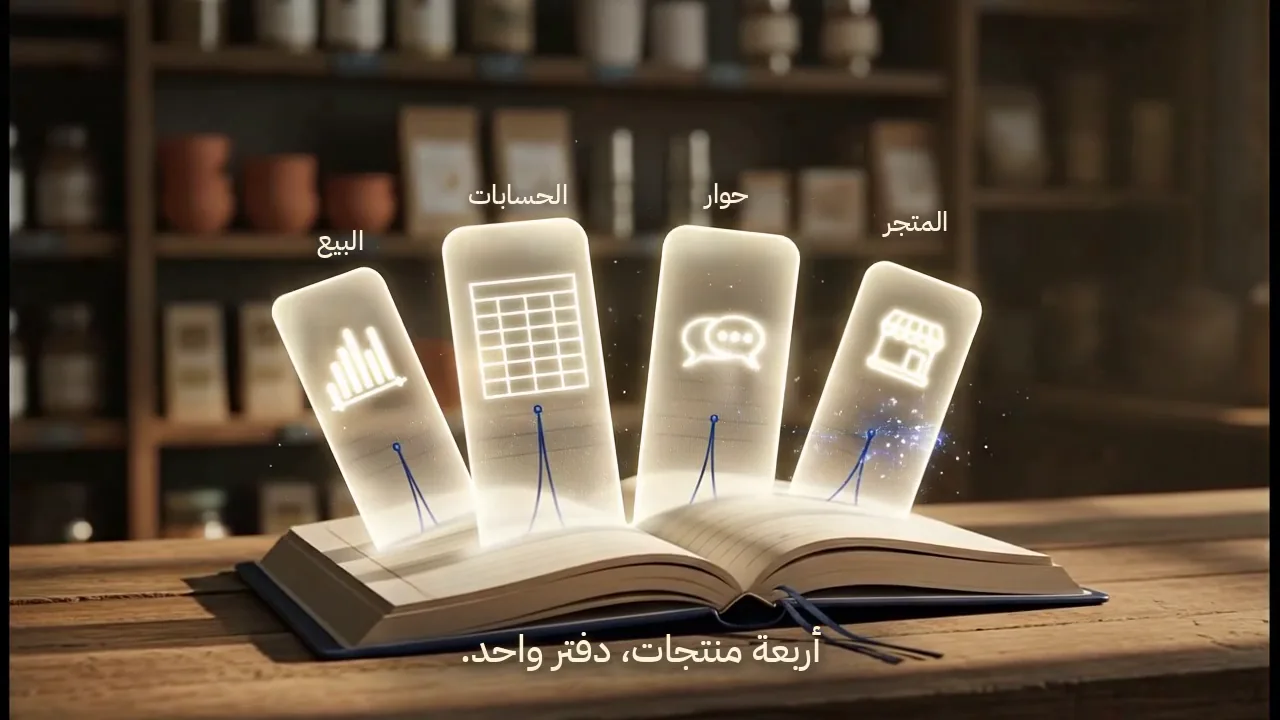 دفتر مفتوح تنبت من صفحاته أربع لوحات ضوئية — البيع والحسابات وحوار والمتجر — ثم تظهر عبارة: أربعة منتجات، دفتر واحد.